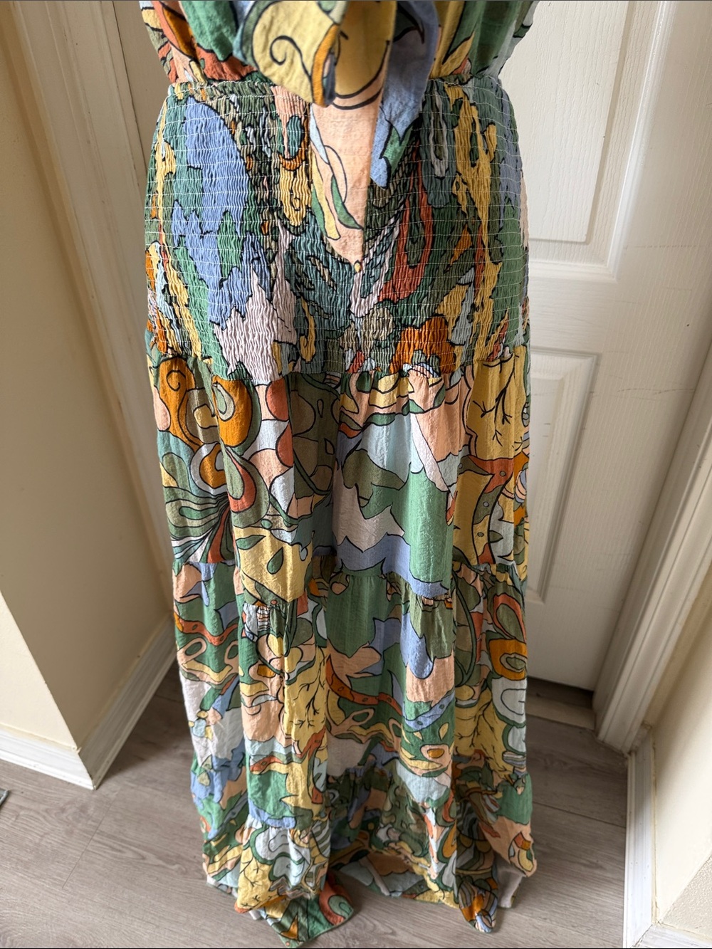Fashion Nova Multicolor Abstract Halter Maxi Dress in Green, Yellow & Blue